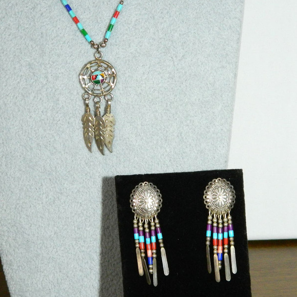 Navajo Pierced Earrings Necklace Set Sterling Silver Turquoise Vintage - Picture 2 of 14